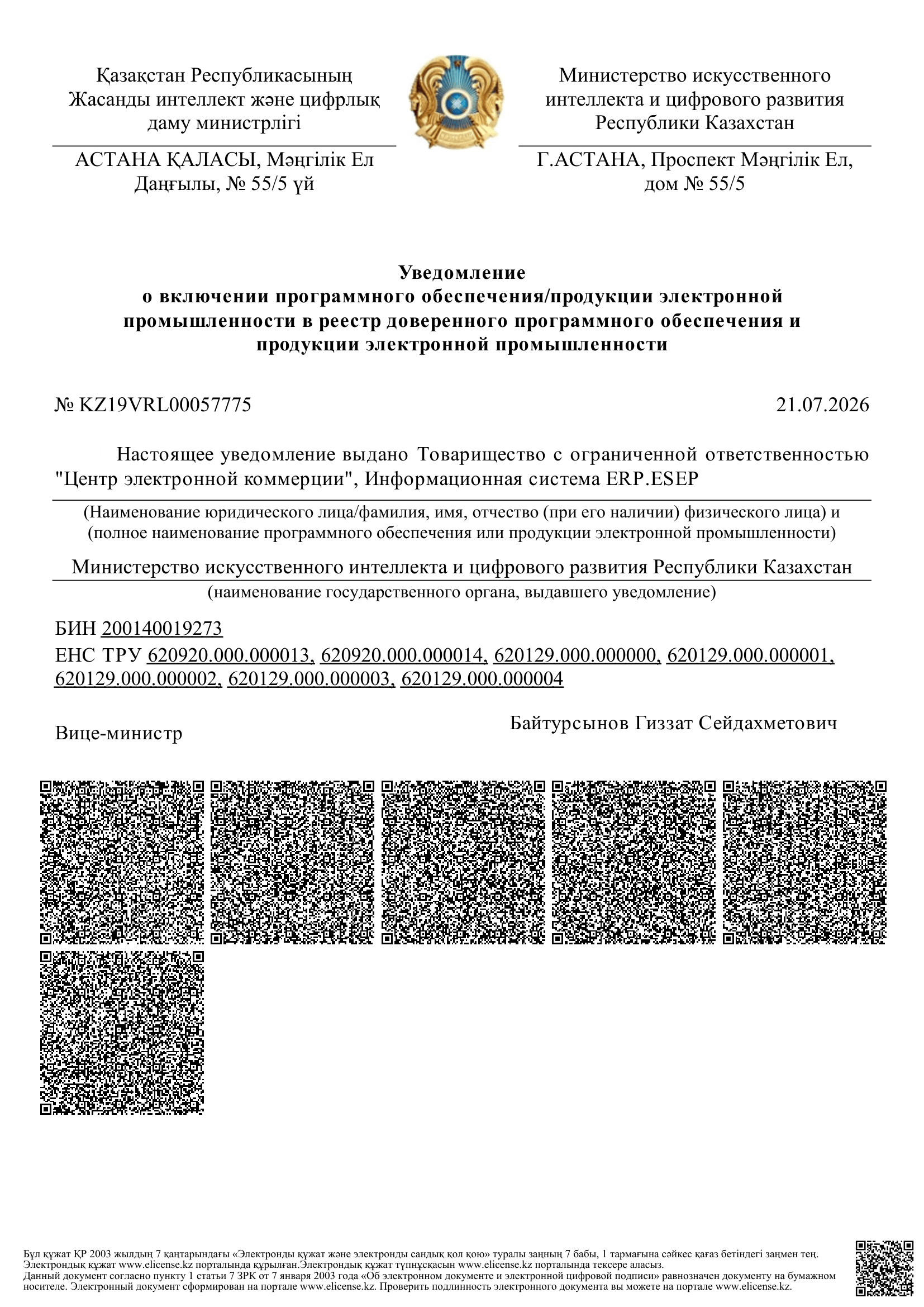 Уведомление о включении в РДП